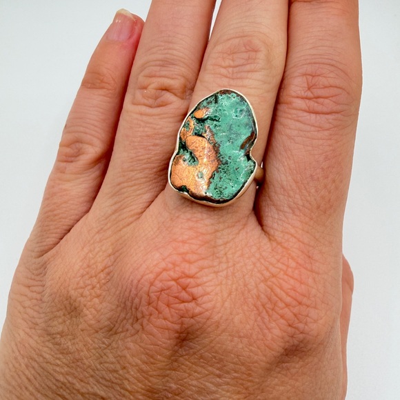 NWT 22x16mm Copper and Turquoise raw solitaire ring in sterling silver! - Picture 6 of 13